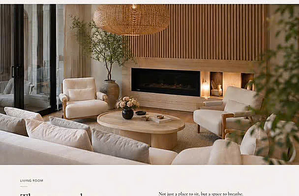 A warm living room with a low oak fireplace wall