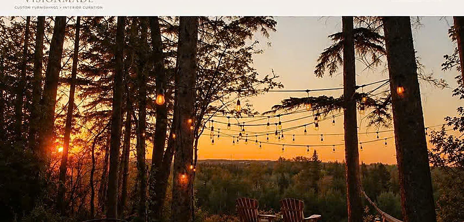 An evening patio lit by string lights