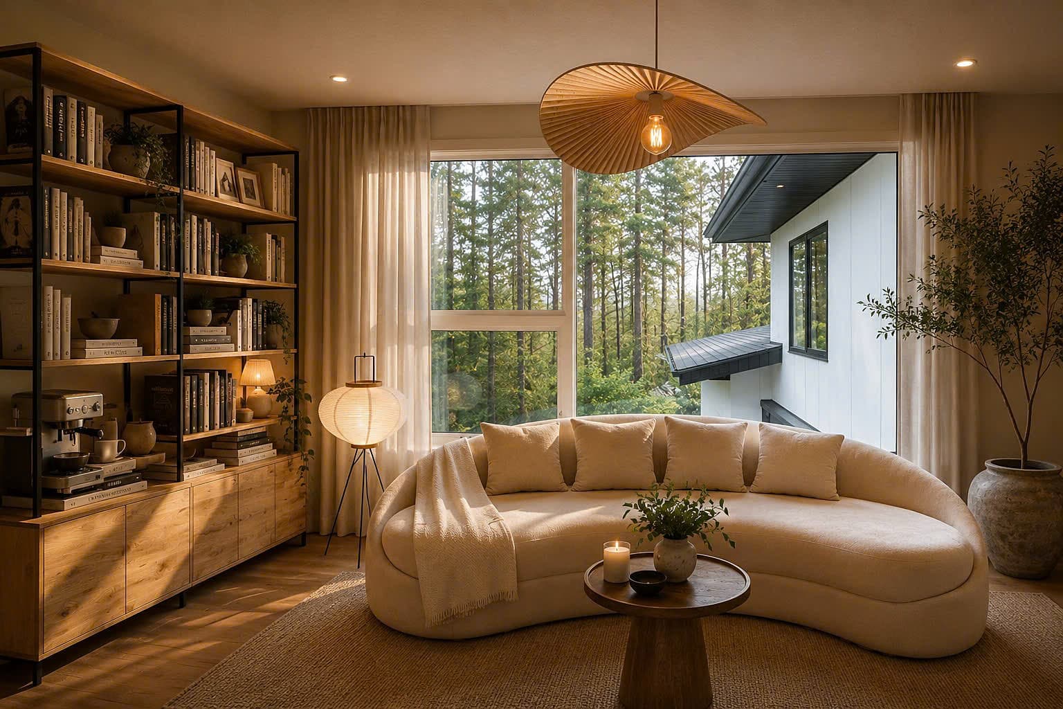 A curved bouclé sofa in a reading nook with an oak bookshelf and a forest view